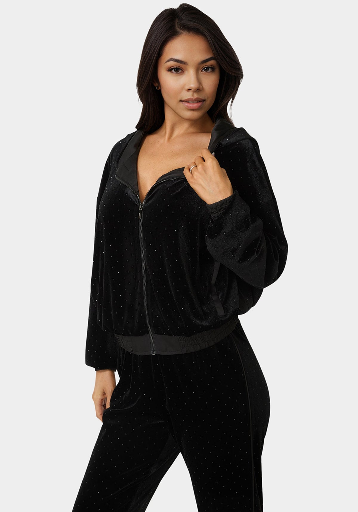 Embellished Zip Up Hoodie Black - bebe