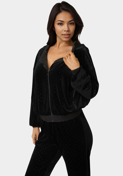 Embellished Zip Up Hoodie Black - bebe