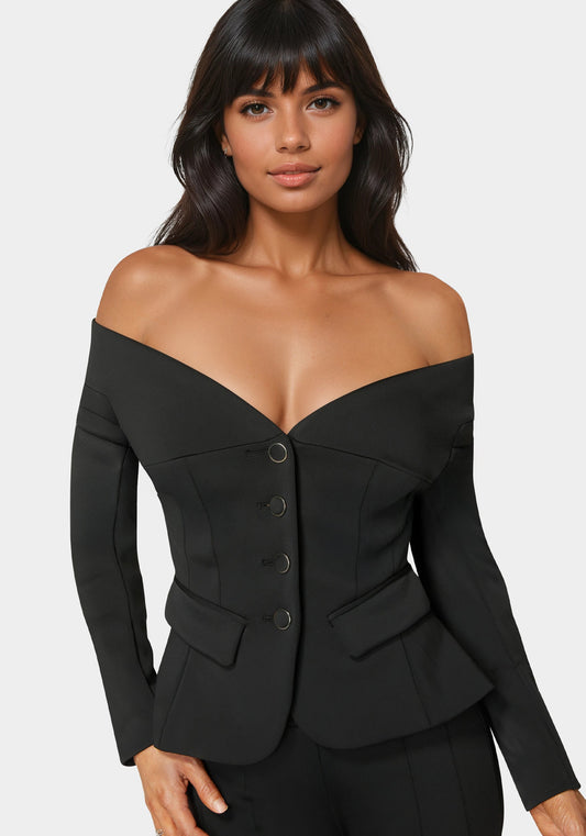 Tailored Off Shoulder Blazer Black - bebe