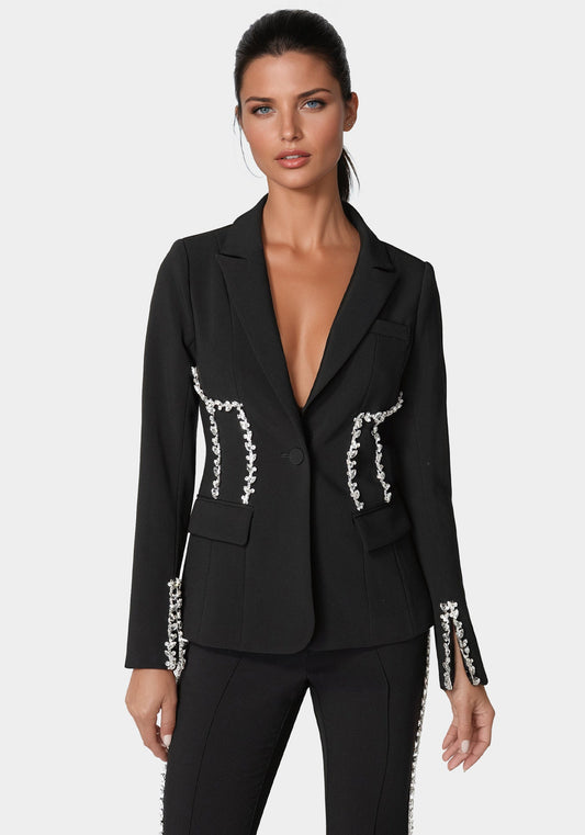 Rhinestone Detail Woven Twill Blazer Black - bebe