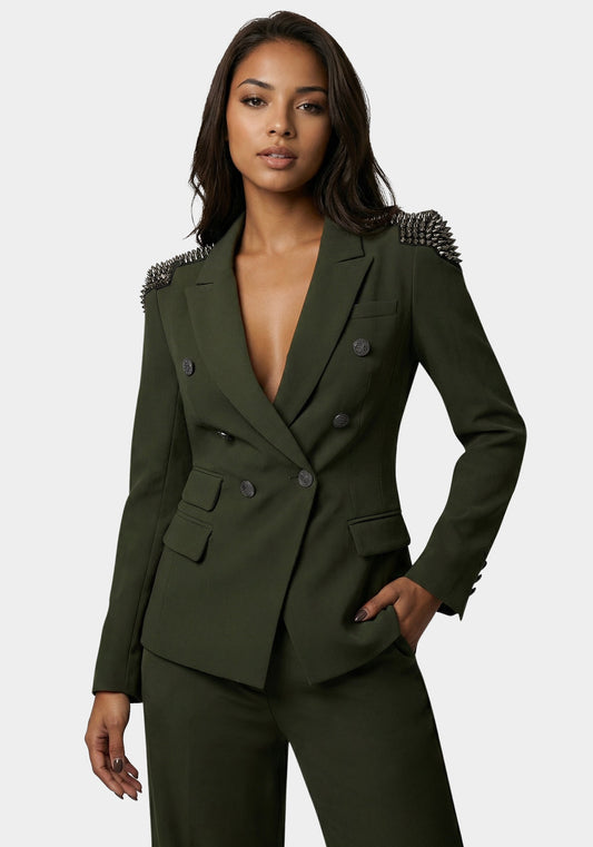 Studded Shoulder Double Breast Tailored Blazer Olive - bebe