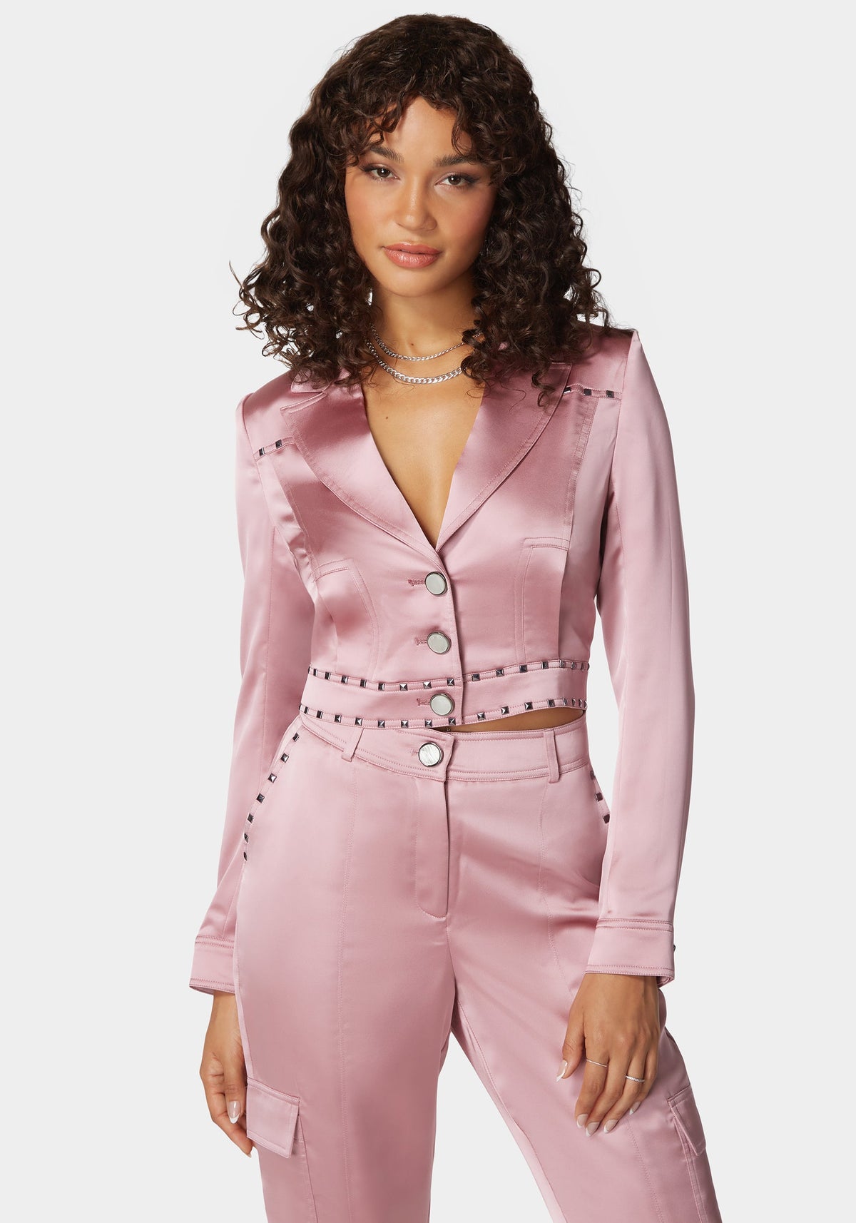 Stud Detail Tailored Satin Blazer Lilas - bebe