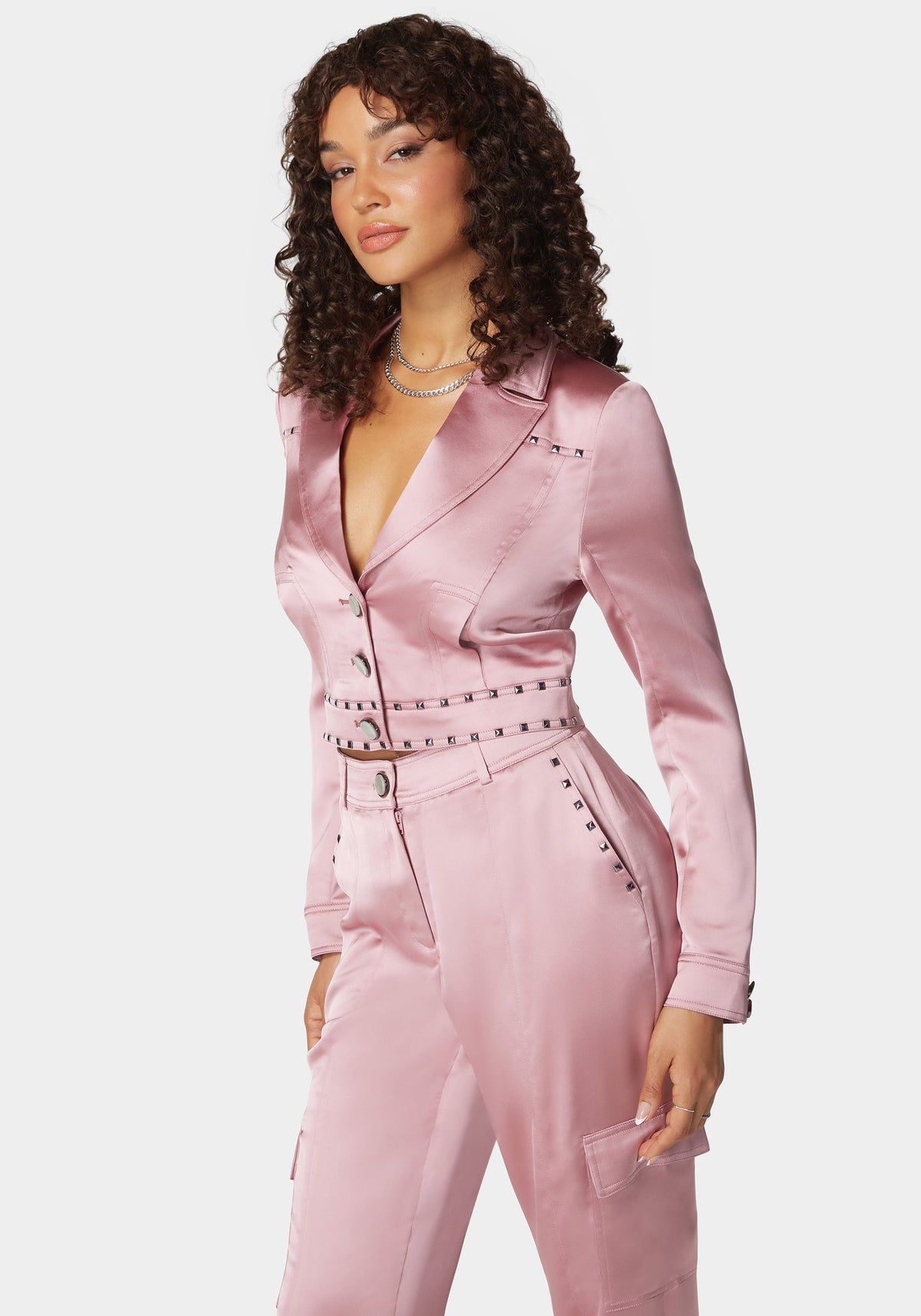 Stud Detail Tailored Satin Blazer Lilas - bebe