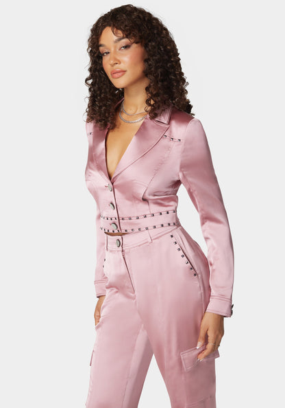 Stud Detail Tailored Satin Blazer Lilas - bebe