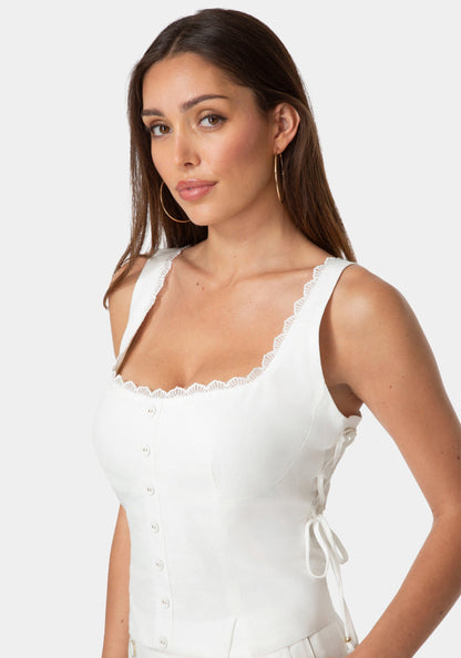Lace Up Linen Top White Alyssum - bebe
