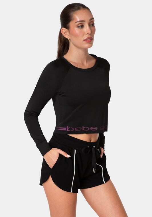 Bebe Sport Long Sleeve Laser Cut Top Black / Iridescent - bebe