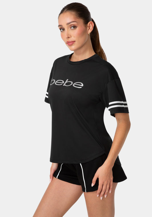 Curved Hem Active Top With Glitter Logo Black - bebe