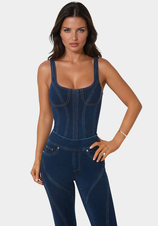 Fitted Denim Bodysuit Midnight Blue Wash - bebe