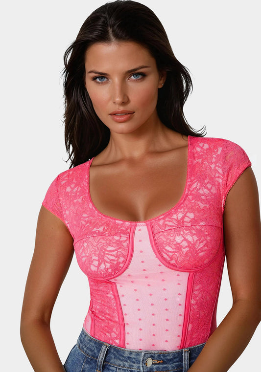 Swiss Dot Lace Bodysuit in Marys Rose Raspberry - bebe Mary'S Rose/Raspberry - bebe