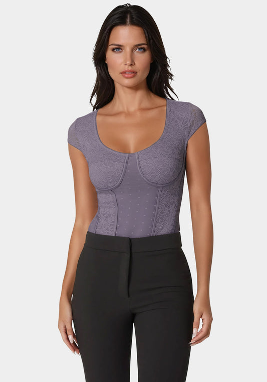 Swiss Dot Lace Bodysuit in Purple Ash - bebe Purple Ash - bebe