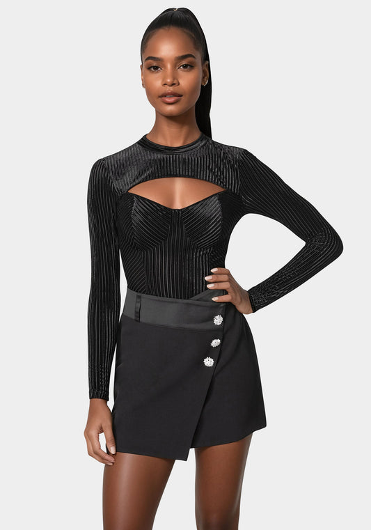 Shadow Stripe Velour Cutout Bodysuit Black - bebe