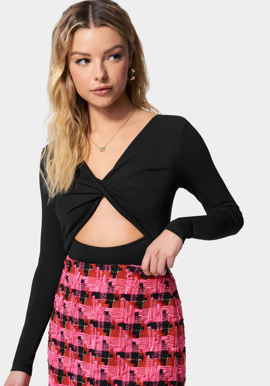 Twist Front Long Sleeve Bodysuit Black - bebe