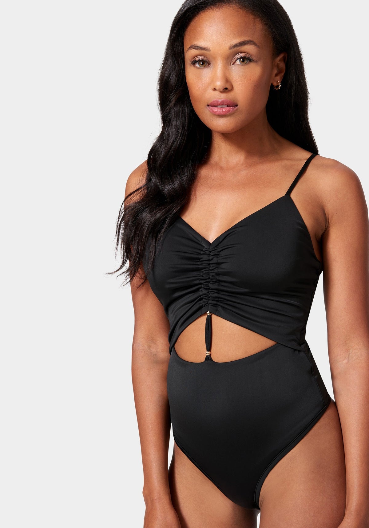 Front Keyhole Ruched Knit Bodysuit Black - bebe