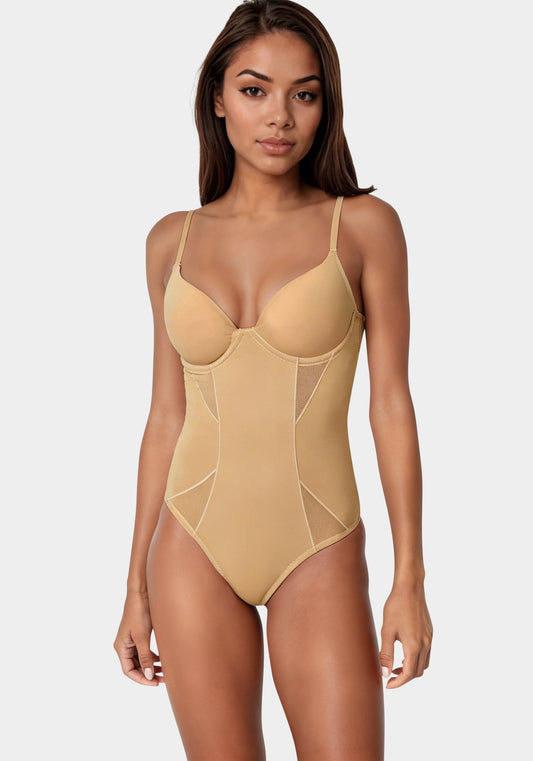 Microfiber and Mesh Detail Shaping Bodysuit Caramel - bebe