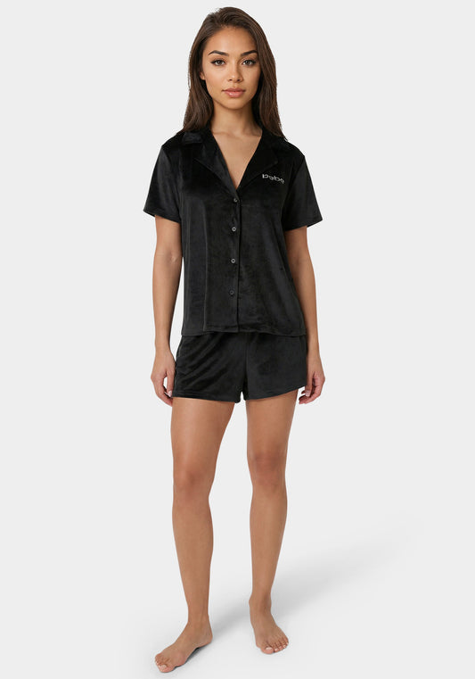 2pc Velour Super Soft Notch Collar Lounge Short Set Black Beauty - bebe