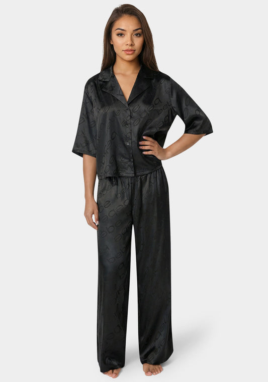 2pc Satin Notch Collar Pant Set Black Beauty - bebe