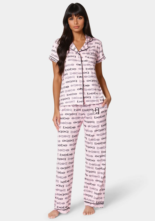 Printed Notch Collar Pant Set Blush - bebe
