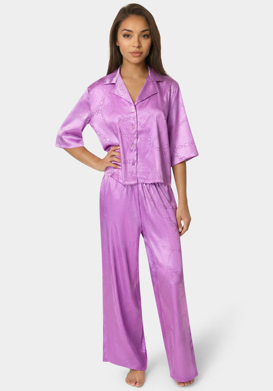 2pc Satin Notch Collar Pant Set Iris Orchid - bebe