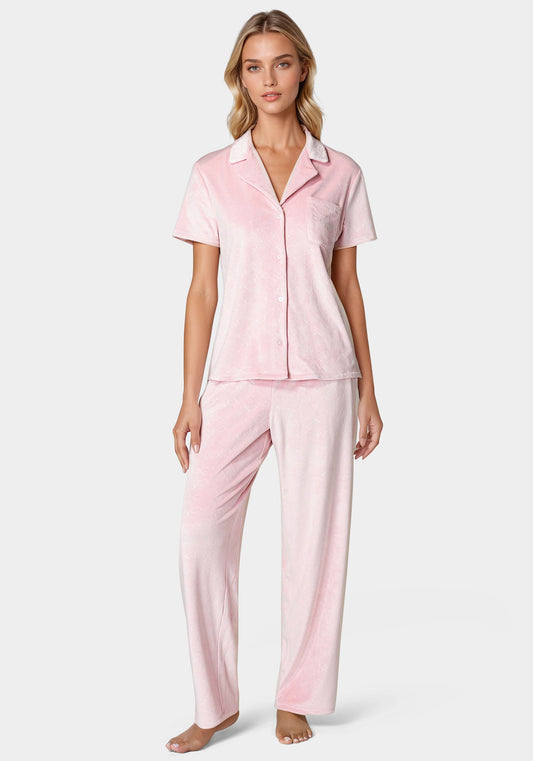 Short Sleeve Notch Collar Pant Set Rose Shadow - bebe
