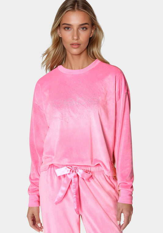 2pc Velour Lounge Pajama Set with Rhinestones Aurora Pink - bebe