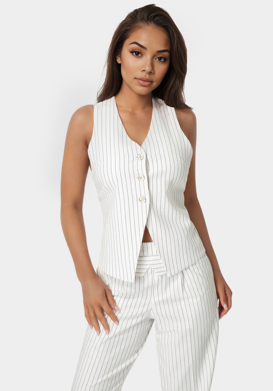 Pinstripe Linen Back Bow Vest White Alyssum Stripe - bebe