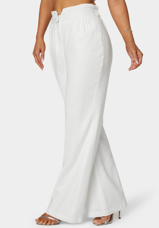 Linen High Waist Palazzo Leg Pant White Alyssum - bebe