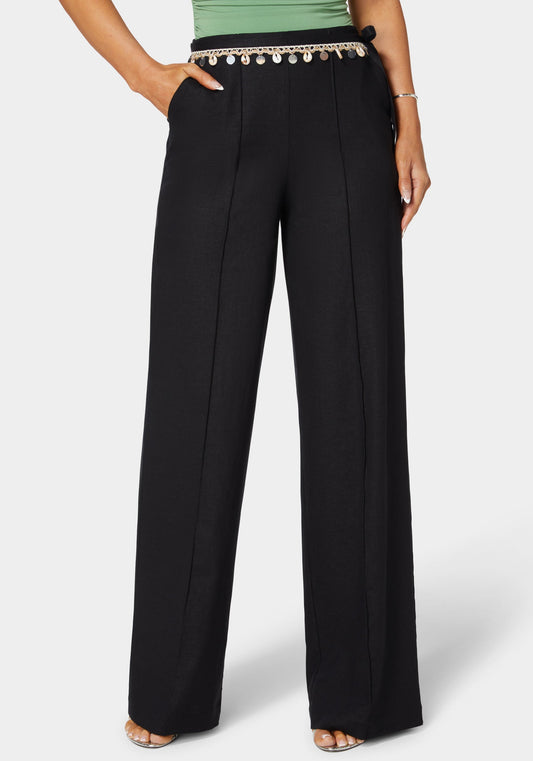 High Waist Linen Straight Leg Pant Black - bebe