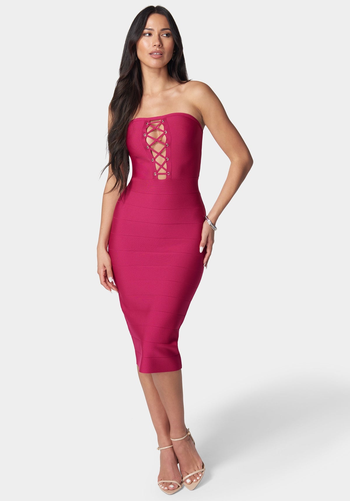 Bandage Lace-Up Strapless Dress Fuchsia Red - bebe