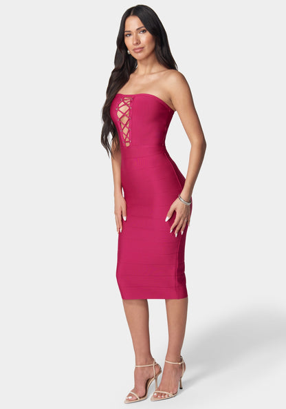 Bandage Lace-Up Strapless Dress Fuchsia Red - bebe