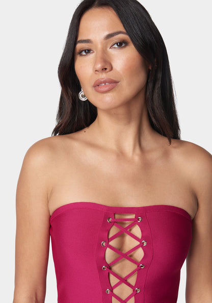Bandage Lace-Up Strapless Dress Fuchsia Red - bebe
