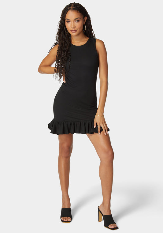 Founce Hem Rib Dress Black - bebe