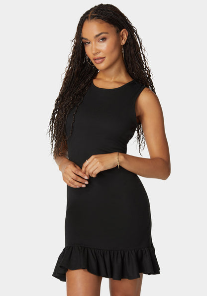 Founce Hem Rib Dress Black - bebe