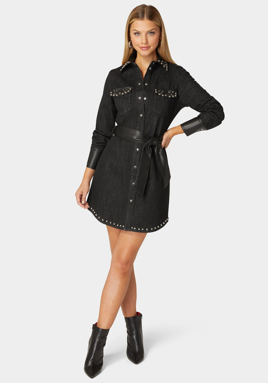 Fitted Combo Vegan Leather Studded Denim Shirt Dress Washed Out Black/Black - bebe