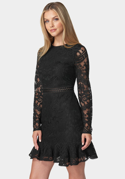 Open Back Lace Mini Dress Black - bebe