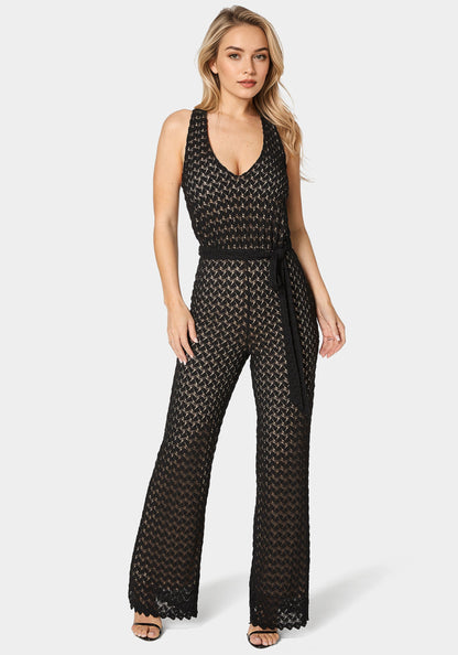 Lace V-Neck Jumpsuit Black/Nude - bebe