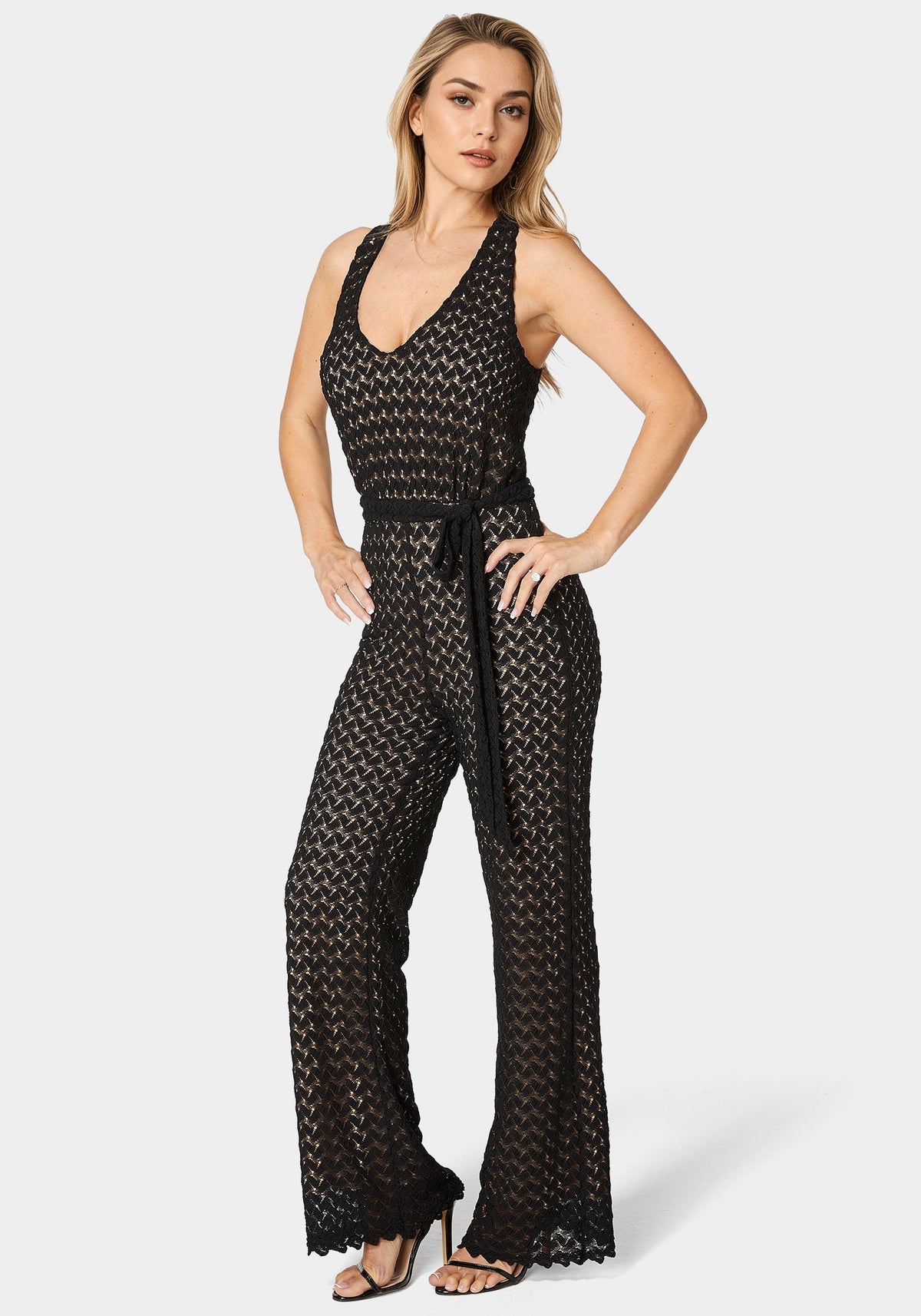 Lace V-Neck Jumpsuit Black/Nude - bebe