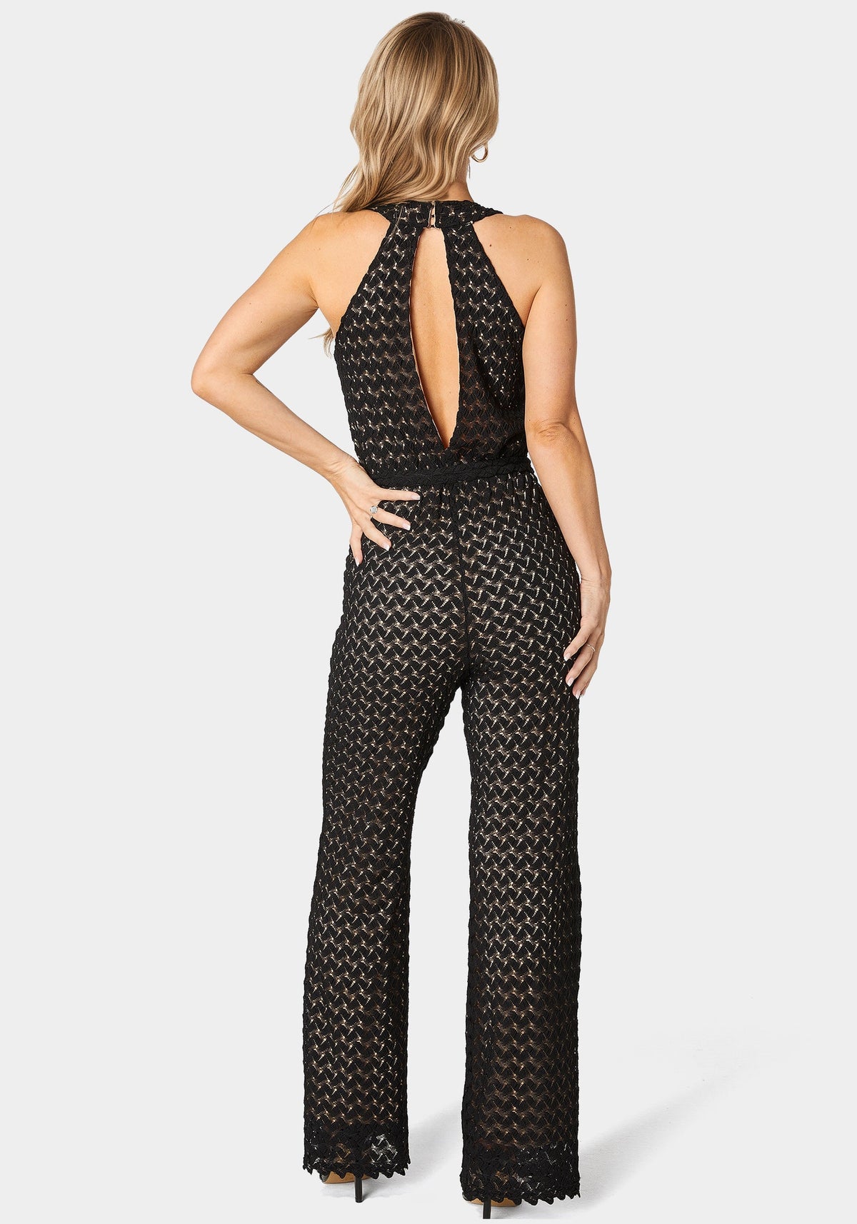 Lace V-Neck Jumpsuit Black/Nude - bebe