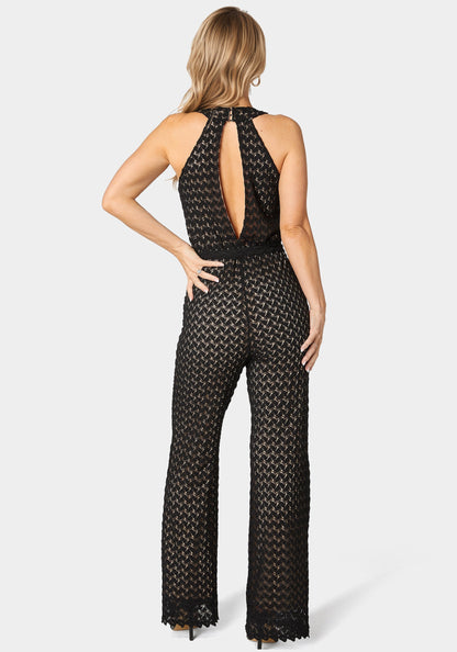 Lace V-Neck Jumpsuit Black/Nude - bebe