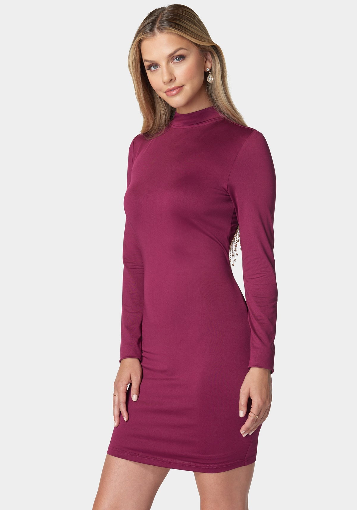 Crystal Fringe Open Back Mini Dress Raspberry - bebe