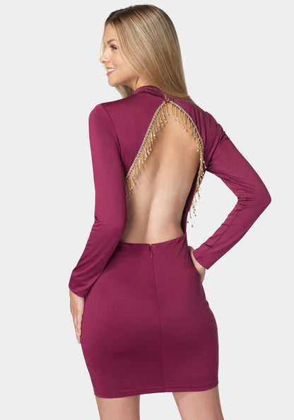 Crystal Fringe Open Back Mini Dress Raspberry - bebe