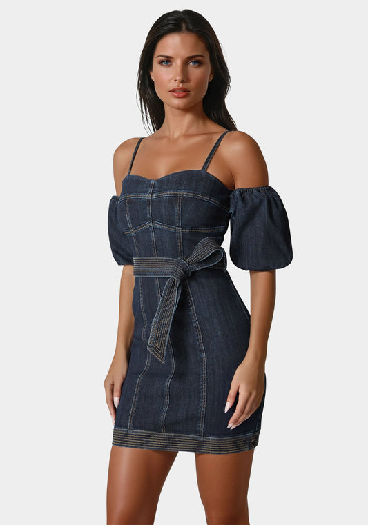 Fitted Denim Dress Dark Indigo Wash - bebe