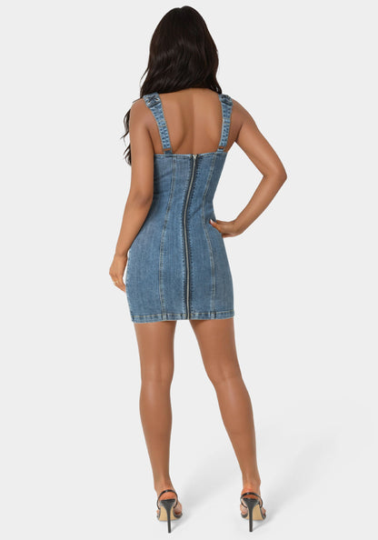 Bow Fitted Eyelet Denim Dress Antique Indigo Wash - bebe