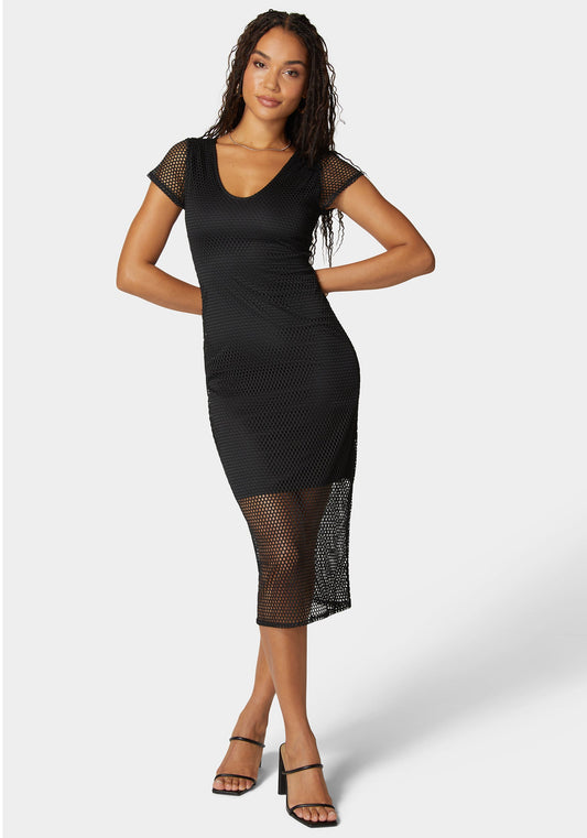 Cap Sleve Fishnet Dress Black - bebe