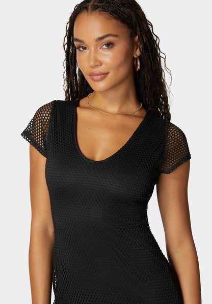 Cap Sleve Fishnet Dress Black - bebe