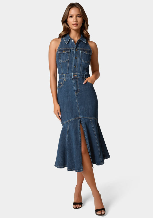 Halter Midi Denim Dress True Blue Wash - bebe