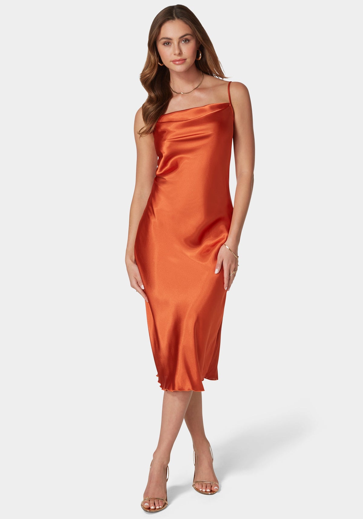 Satin Cowl Neck Slip Midi Dress Rust - bebe