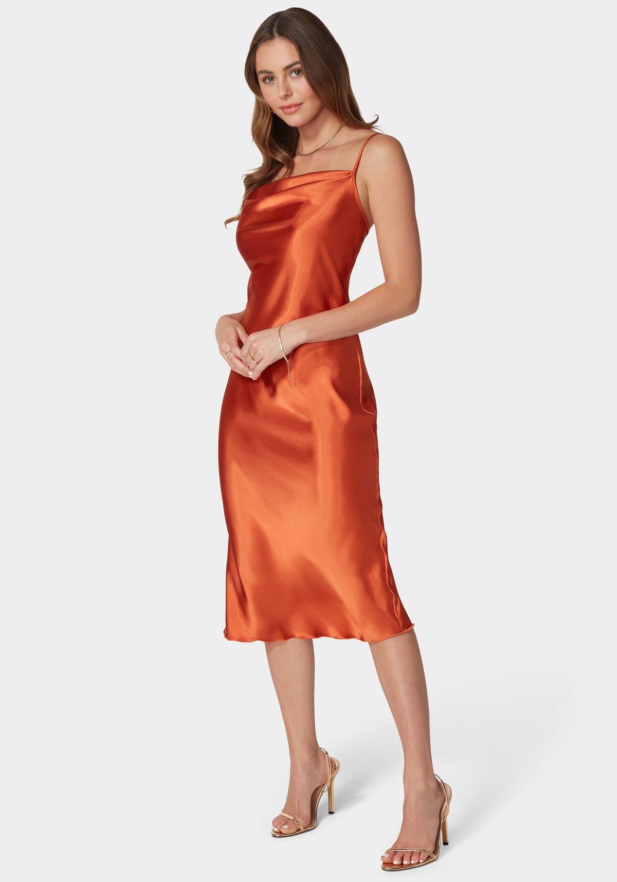 Satin Cowl Neck Slip Midi Dress Rust - bebe