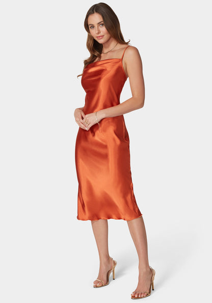 Satin Cowl Neck Slip Midi Dress Rust - bebe
