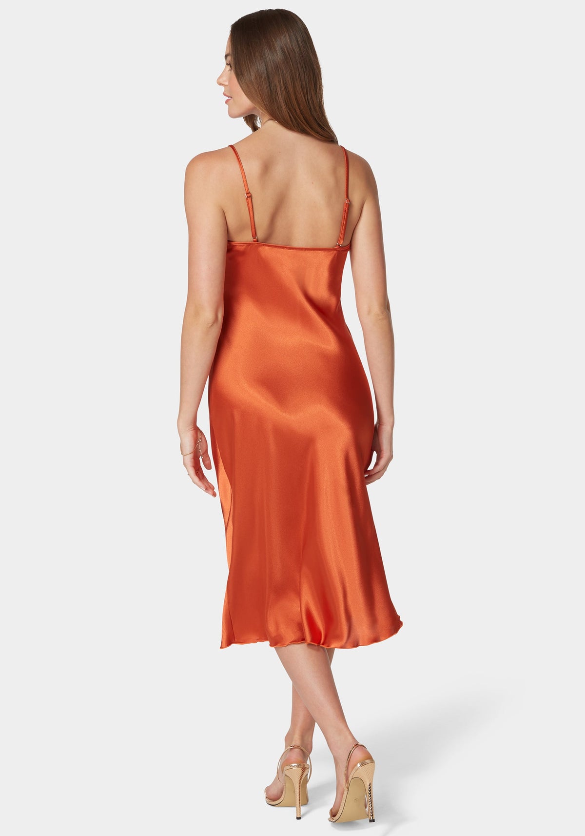 Satin Cowl Neck Slip Midi Dress Rust - bebe