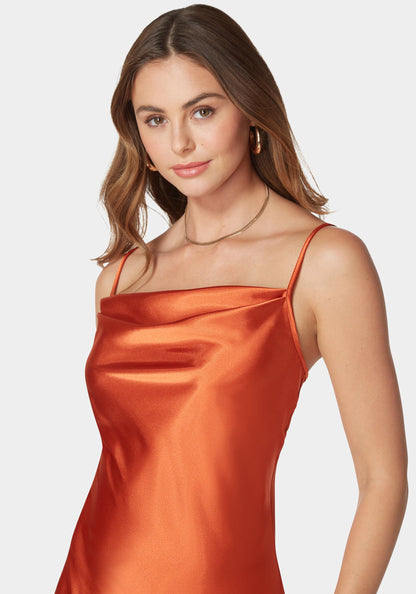 Satin Cowl Neck Slip Midi Dress Rust - bebe